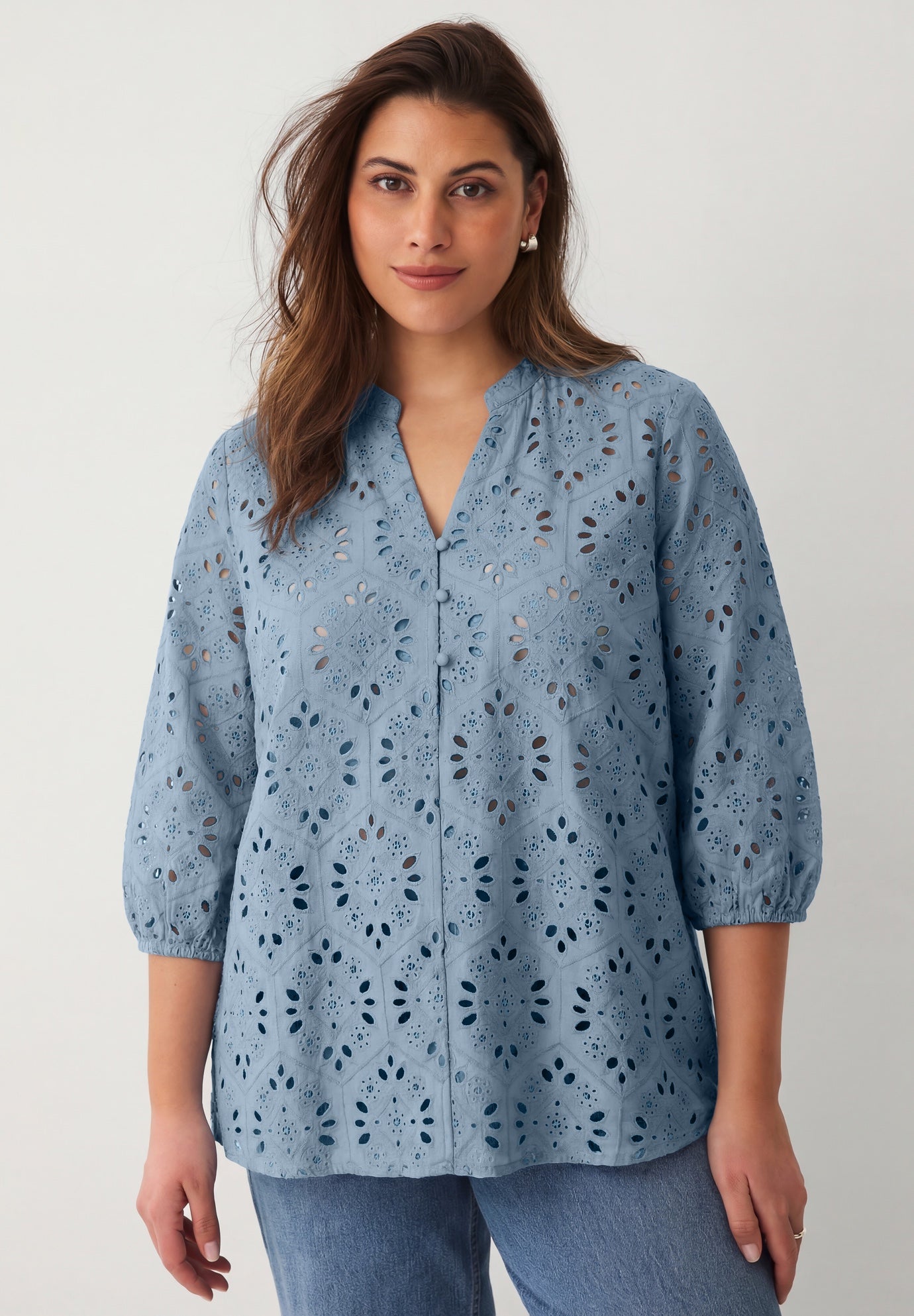 100% Cotton Cambric Three-Quarter Sleeve Notch V-Neck Eyelet Blouse image number 0