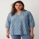 100% Cotton Cambric Three-Quarter Sleeve Notch V-Neck Eyelet Blouse image number 0