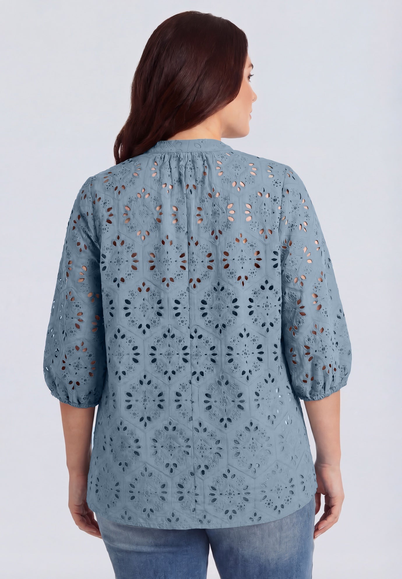 100% Cotton Cambric Three-Quarter Sleeve Notch V-Neck Eyelet Blouse image number 1