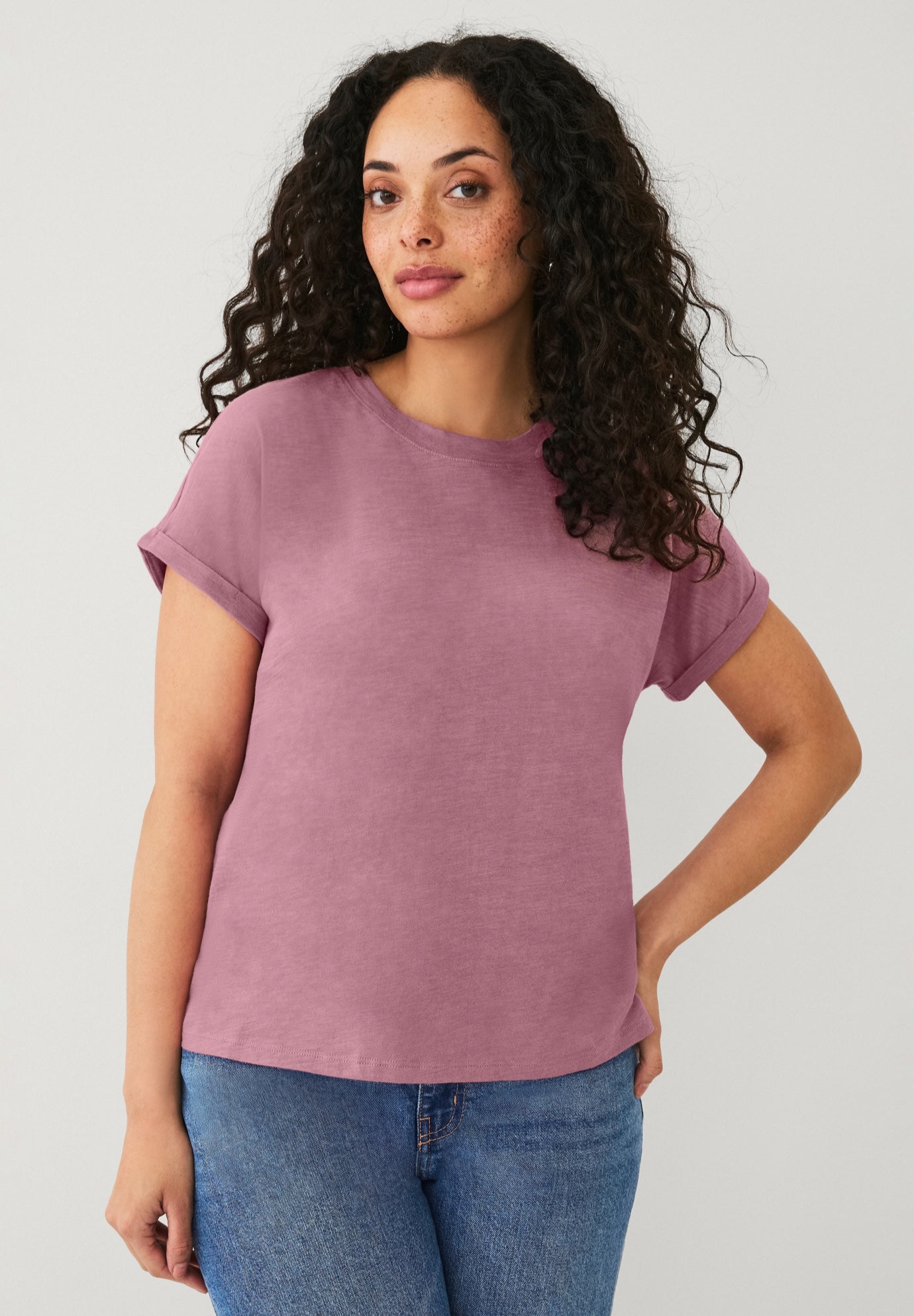 Cotton Jersey Slub Crew Neck Tee With Rolled Cuffs image number 0