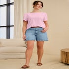 Stretch Denim 5-Pocket High Waisted Relaxed Mom Shorts image number 0