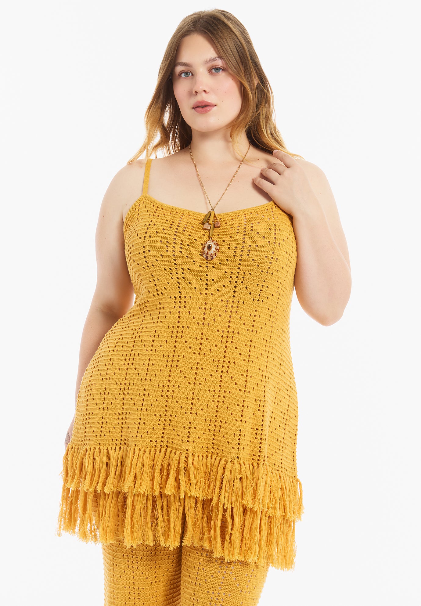 Fringe Trim Pointelle Knit Tunic image number 1