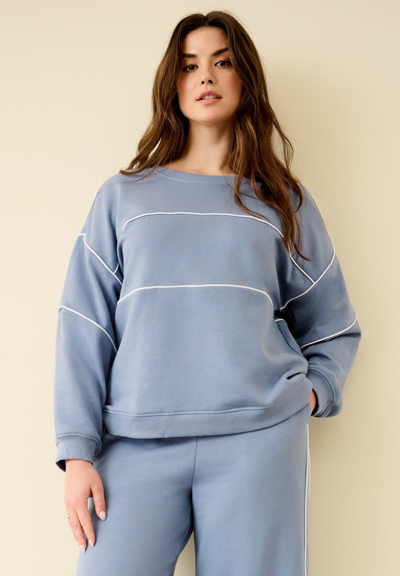 Ellos Studio Piped Boxy Fleece Sweatshirt image number 0