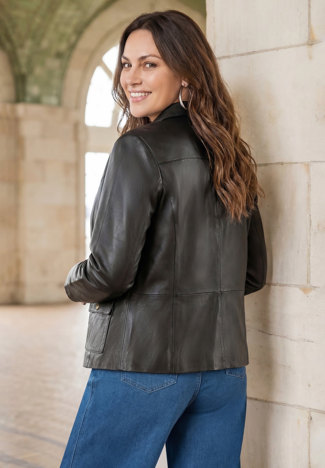 Snap-Front Leather Jacket with Lapel Collar image number 1