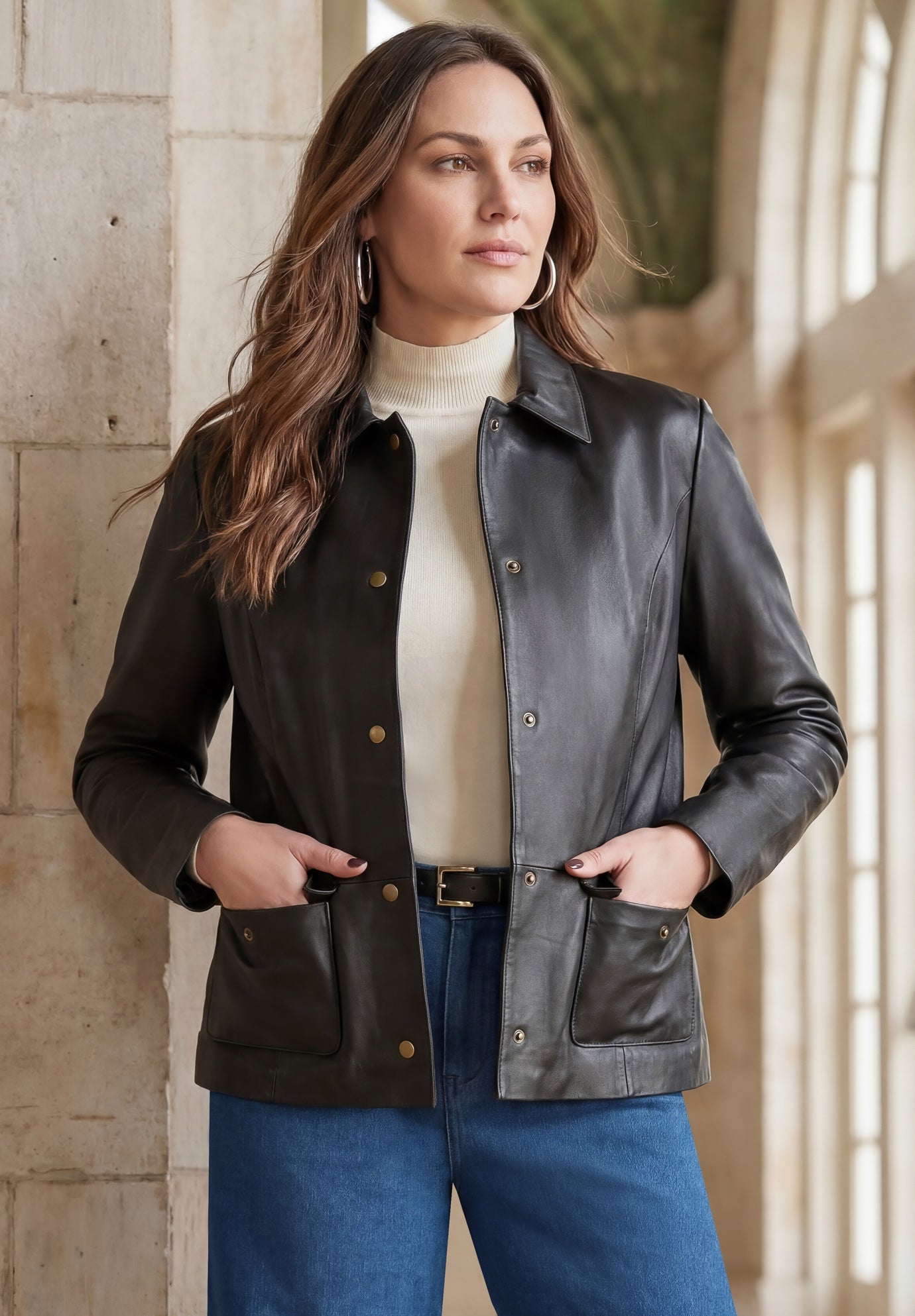 Snap-Front Leather Jacket with Lapel Collar image number 0