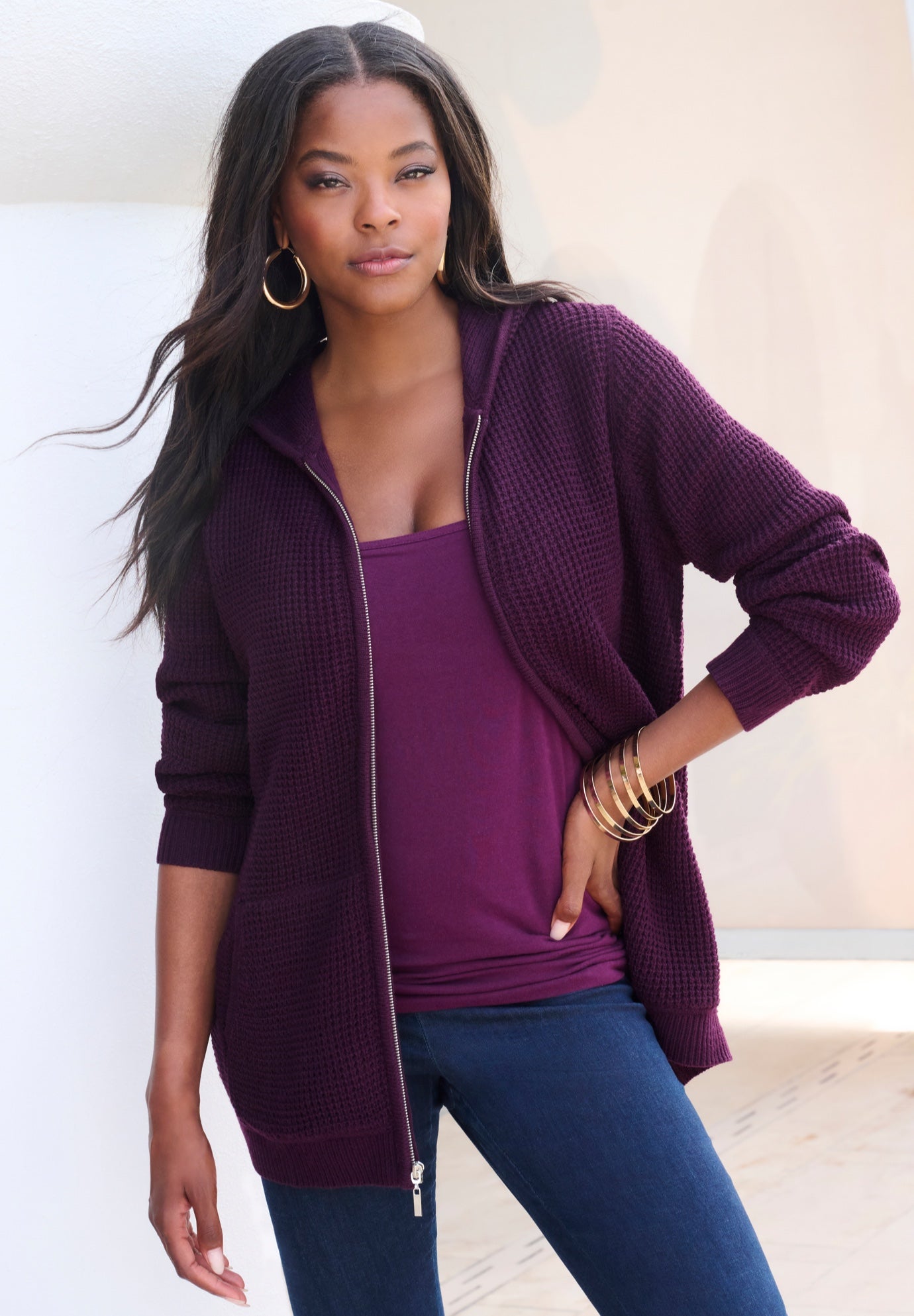 Plus Size Waffle Knit Zip-Front Relaxed Hoodie image number 6
