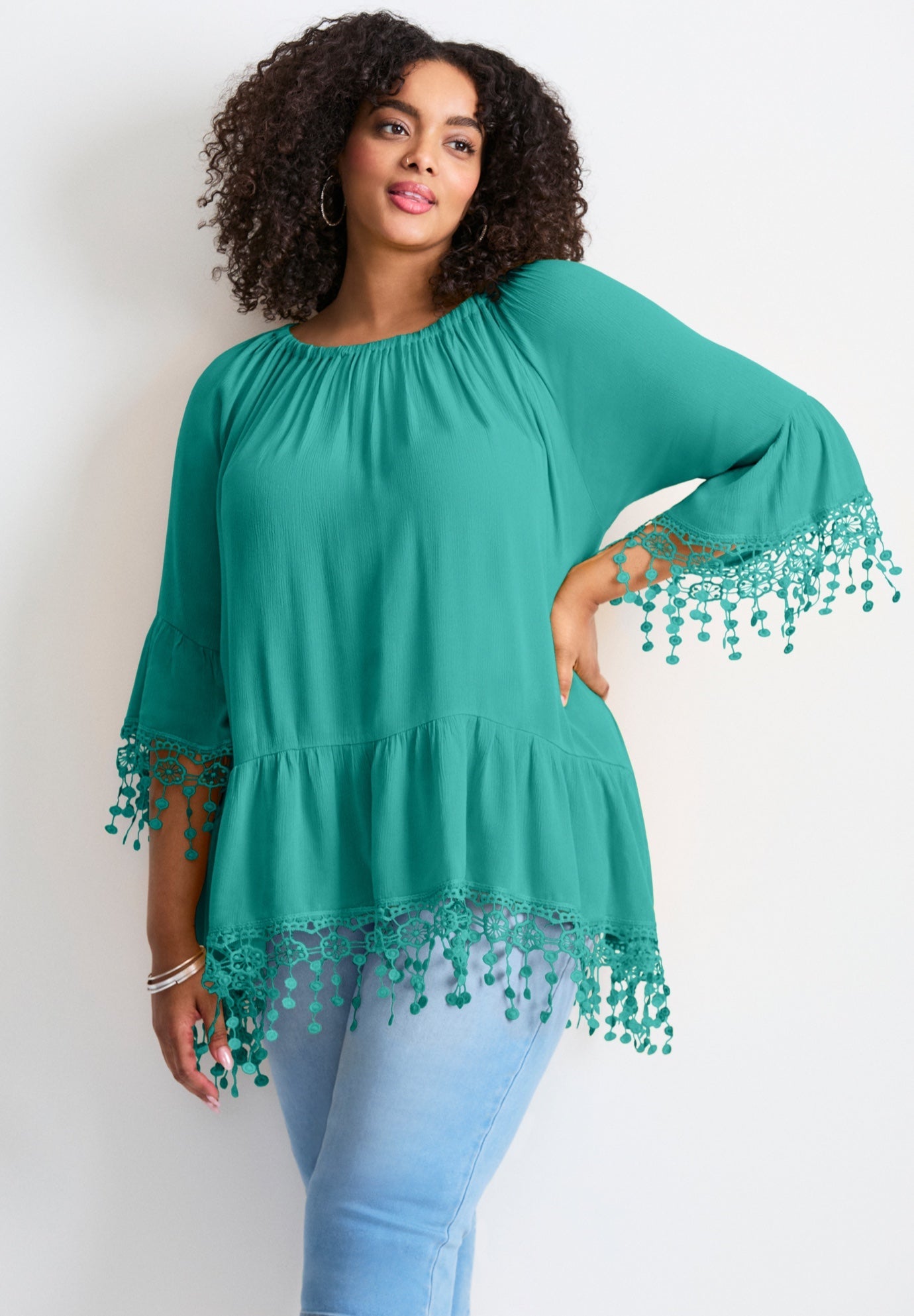 トップス MISTREASS 2way Bubble Sleeve & Hem tunic Just My Size Women's Plus-Size Slub Crochet Bib Tunic – Floral
