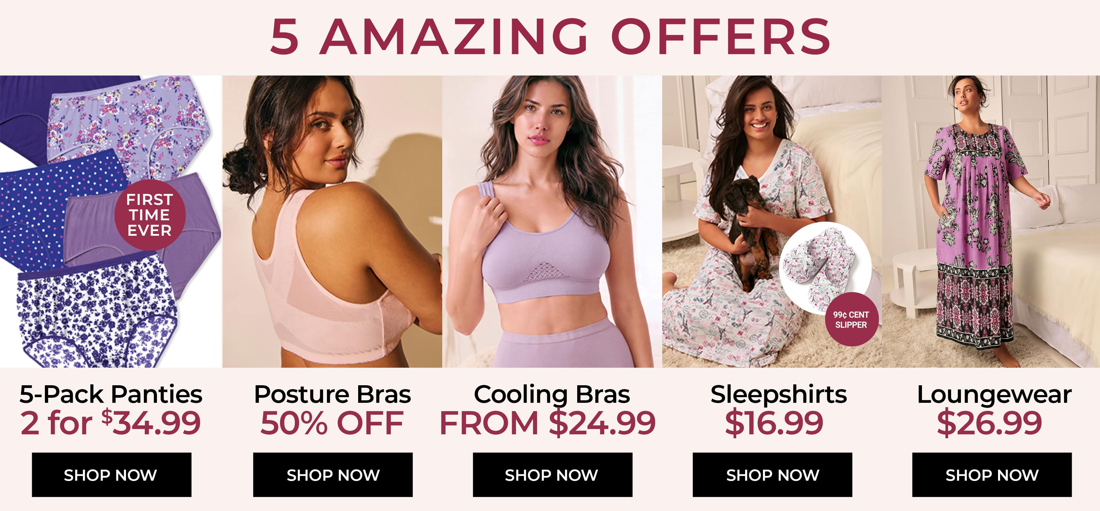 5 Amazing Offers — 5-Pack Panties, Posture Bras, Cooling Bras, Sleepshirts & Loungewear